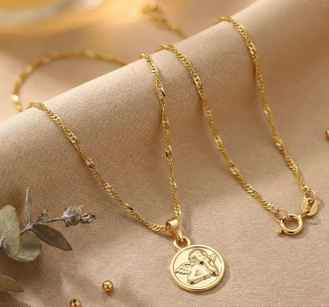Collier Ange Baptême Plaqué Or Jaune 750/1000 40 cm Enfant Bébé