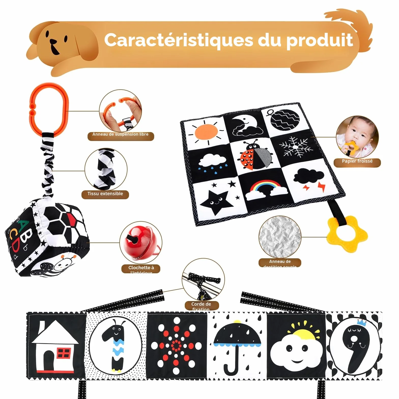 Collazoey Livres D'éveil Sensoriel Bébé Noir et Blanc Montessori 0-12 Mois Double Face en Tissu
