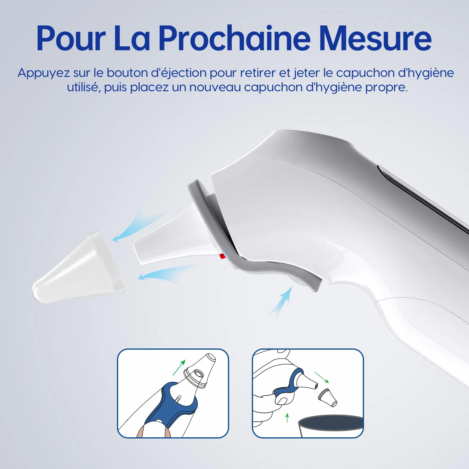 Thermomètre Auriculaire Professionnel avec Code d'Alerte Fièvre 3 Couleurs, Mode Silencieux, 24 Couvre-Sondes Jetables