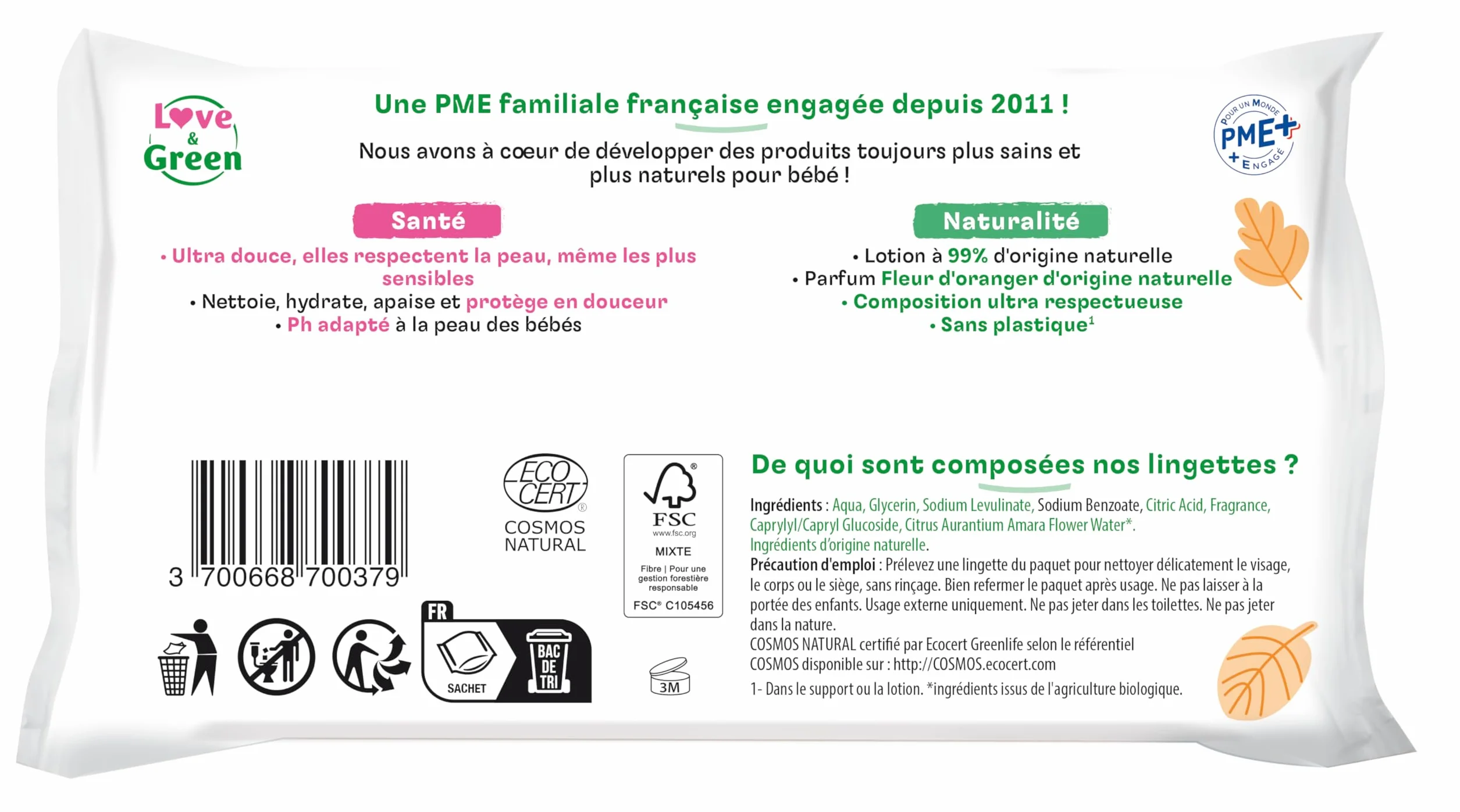 Love & Green Lingettes à la Fleur d'Oranger 64 Pièces Certifiées Cosmo Natural ECOCERT FSC Emballage Recyclable