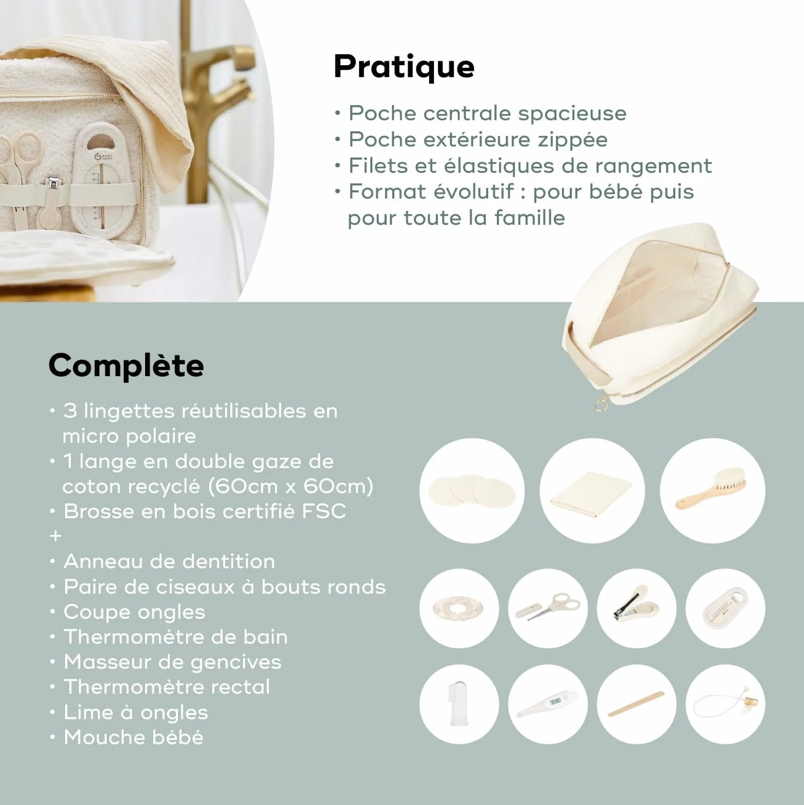 Babymoov Trousse de Soin Bébé Grand Format 6L 11 Accessoires Inclus Coupe Ongles Bébé Thermomètre de Bain Langes Coton