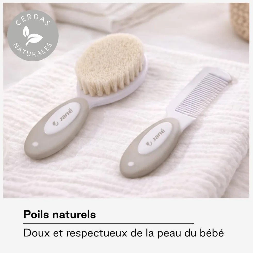 Jané Kit Hygiène Bébé 8 Pièces, Brosse Poils Naturels, Ciseaux, Coupe-ongles, Lime, Brosse Dentaire Silicone, Beige