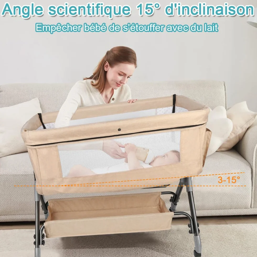 HUOLE Lit Cododo Bebe 4 Niveaux Couffin Dormir Securite Portable Plier Nouveau-ne 104x52x100-110 cm Blanc casse