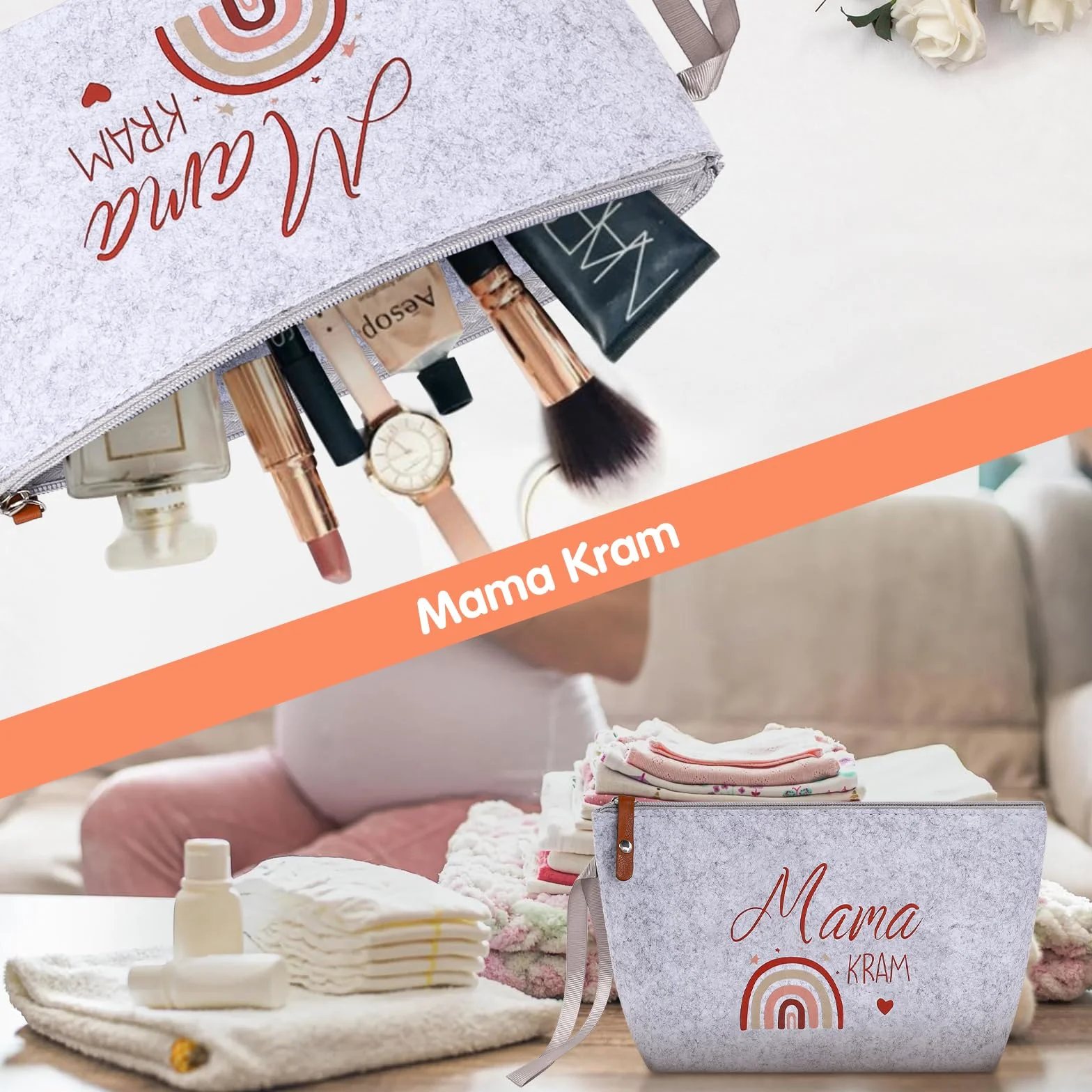 Trousse de Maquillage en Feutre Gris Clair pour Femmes Enceintes Cadeau de Naissance Baby Shower