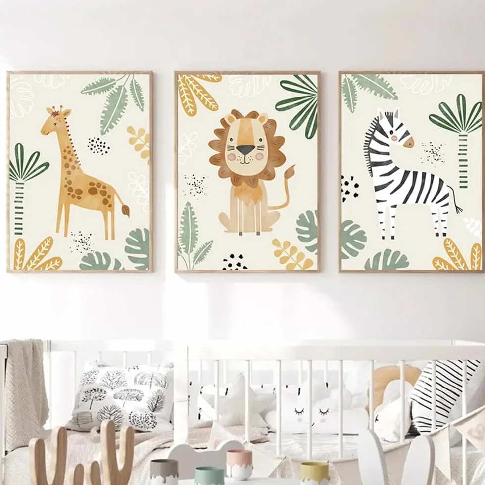 Affiche Animaux de la Forêt 30x40cm Poster Jungle Enfant Safari Girafe Lion Éléphant Tableau Décoration Murale