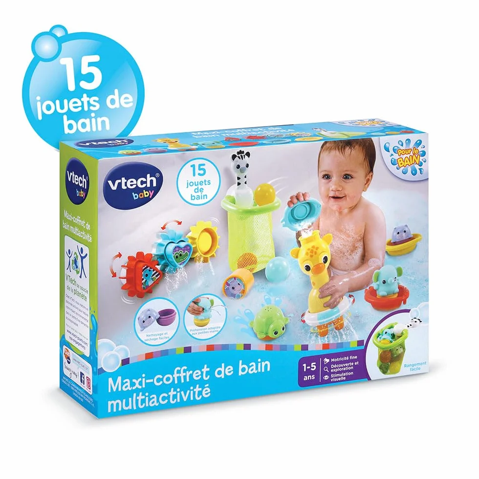 VTech Maxi-Coffret de Bain Multi Activité 15 Jouets de Bain Bébé Animaux Bateaux 3 Formes 3 Balles Filet de Rangement Cadeau Enfant 1 an