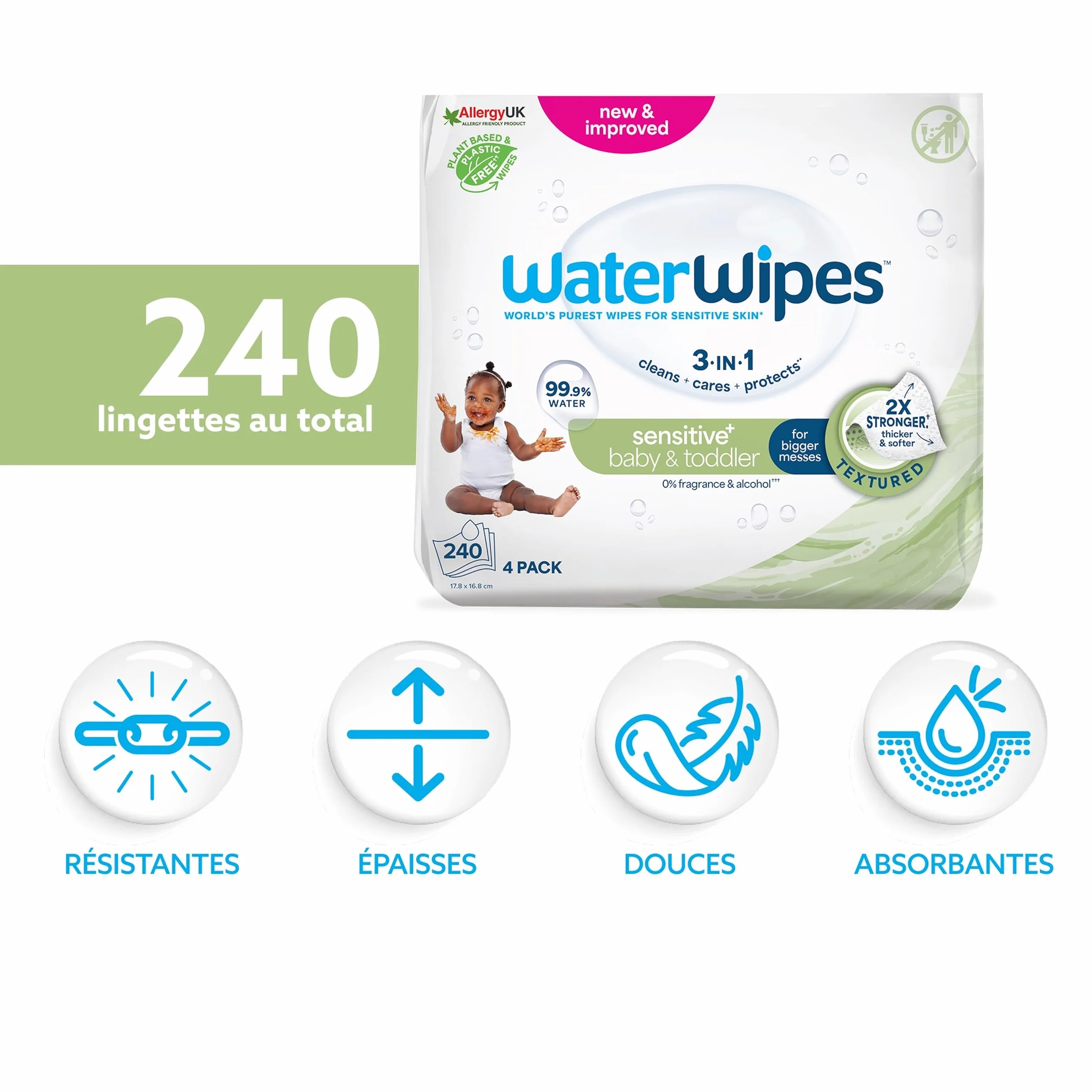WaterWipes Sensitive+ Lingettes Bébé 240 unités (4 paquets) 99,9% d'eau Textured Clean non parfumées