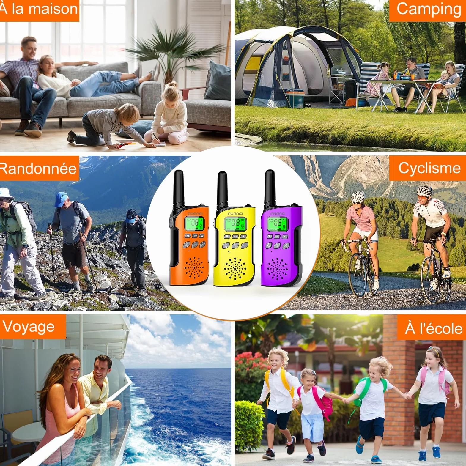 Talkie Walkie Enfants Adultes Rechargeable 3 Pièces, Longue Portée Lampe Torche 8 Canaux, USB Type C pour Camping Randonnée Vélo