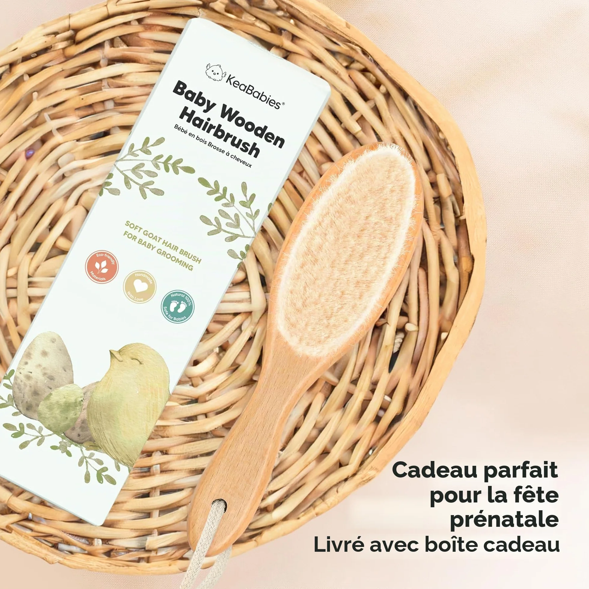 Brosse à Cheveux Bébé Nouveau-né en Bois Naturel Poils de Chèvre Doux