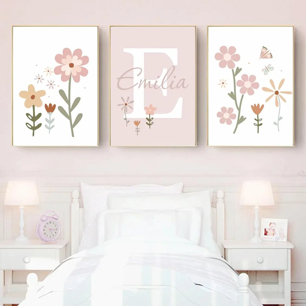 Affiche Prénom Personnalisé Bébé 30x40cm Tableau Décoration Murale Chambre Fille Rose Fleurs Poster Toile Cadeau