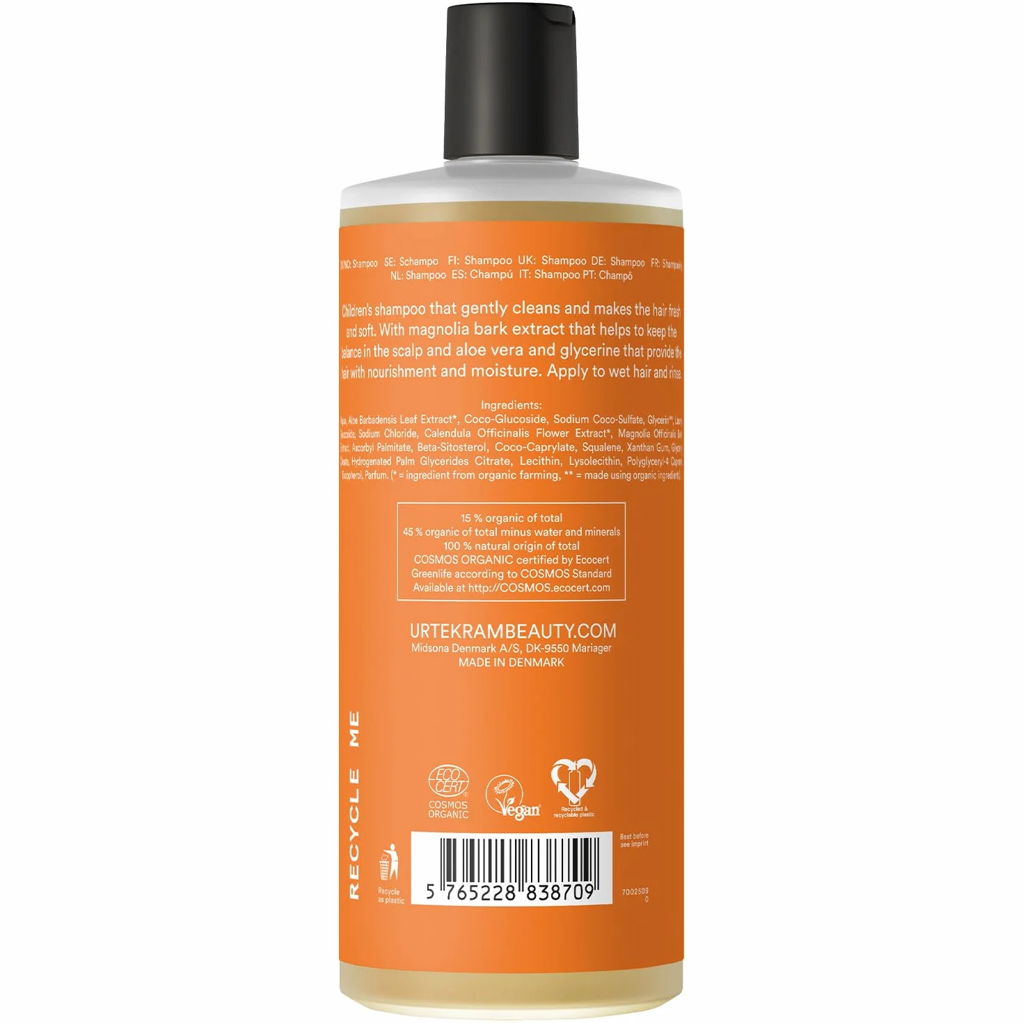 Urtekram Shampooing Enfant Bio à la Calendula 500 ml Soin Doux Cheveux Délicats Vegan Sans Parabènes ni Silicones