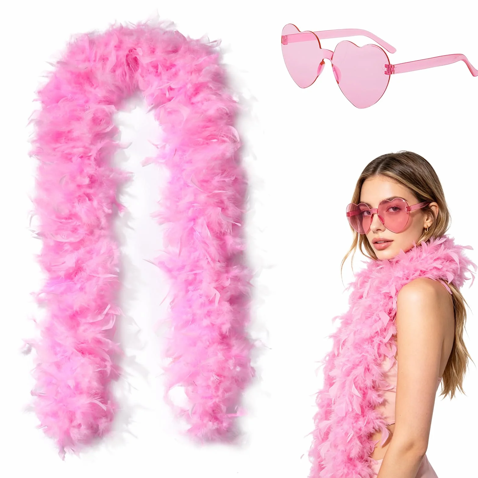Boa Plume avec Lunettes en Forme de Cœur Sans Monture, Boa Rose de Dinde, Châle en Plumes pour Déguisement, Fête à Thème, Carnaval