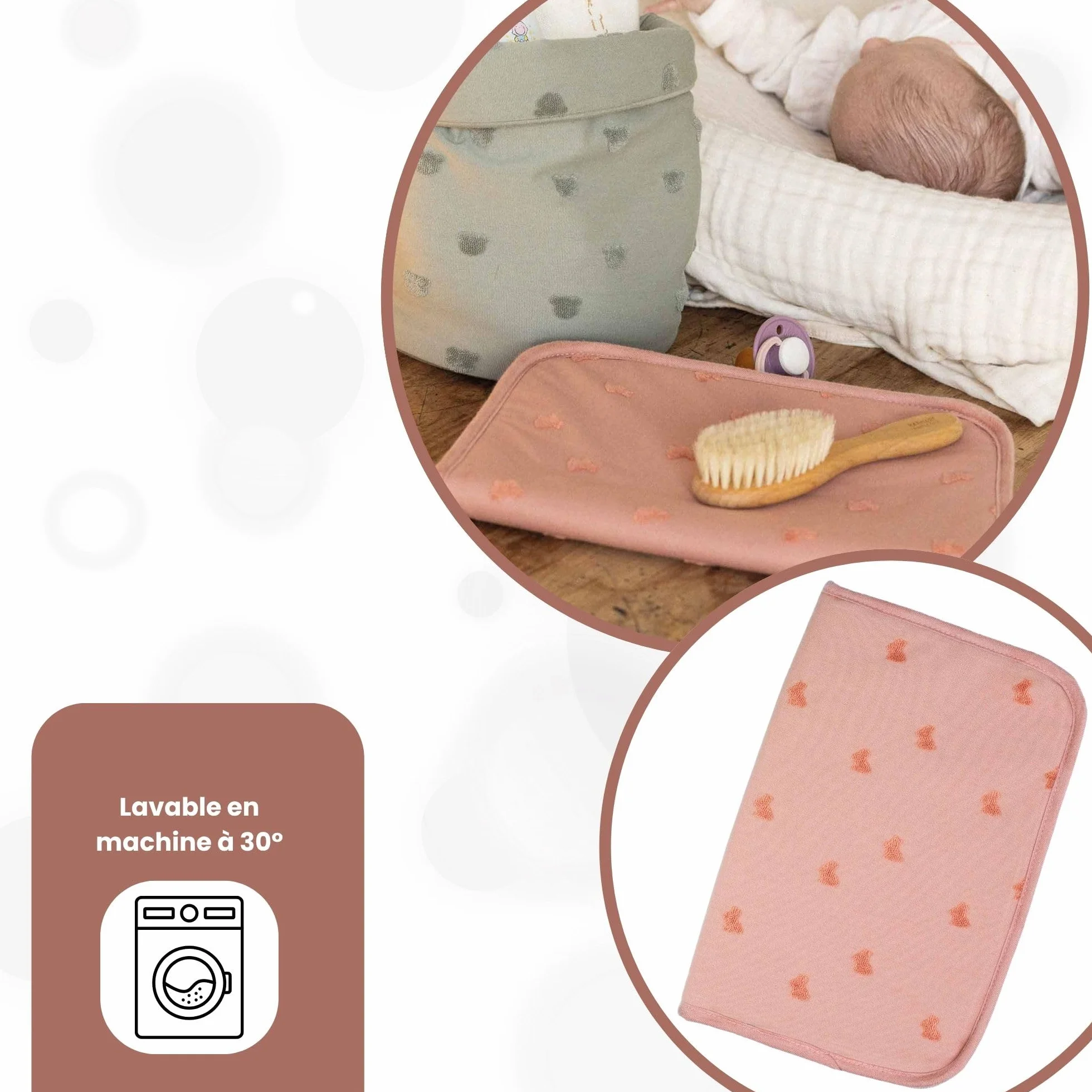 Trois Kilos Sept Protège Carnet de Santé Bébé Rabats Fermeture Zippée Jacquard Petit Lapin Rose Terre de Sienne 17,5x32 cm