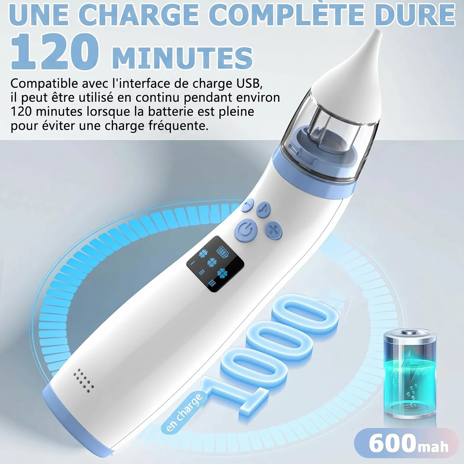 Aspirateur Nasal Électrique Bébé Rechargeable 3 Niveaux d'Aspiration 2 Embouts Musique Lumière Douce