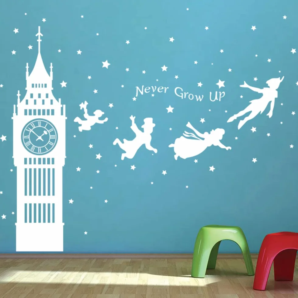 Autocollant Mural Peter Pan Big Ben Silhouette Étoiles Décoration Chambre Enfants Fille Garçon Bébé