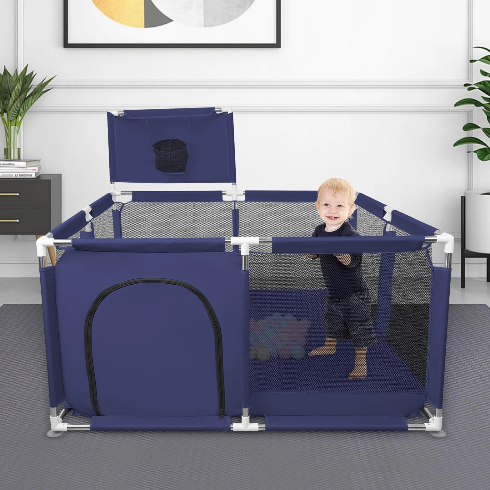 Parc Bébé Modulable Grand Centre d'Activités pour Enfants 126x126x66cm Bleu Marine avec 50 Boules Plastiques