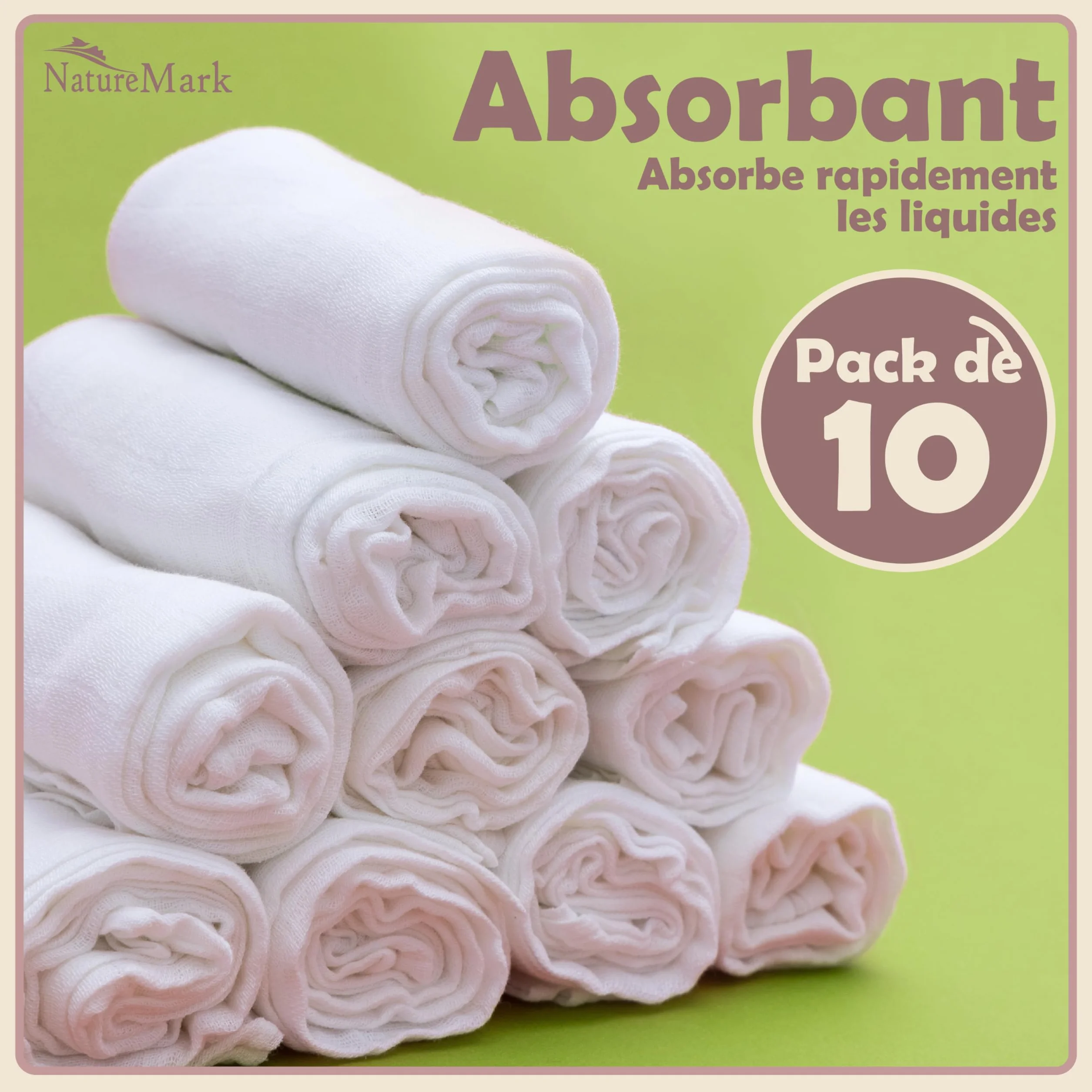 NatureMark Lot de 10 Linges en Mousseline pour Bébé 100% Coton 70x70 cm Blanc