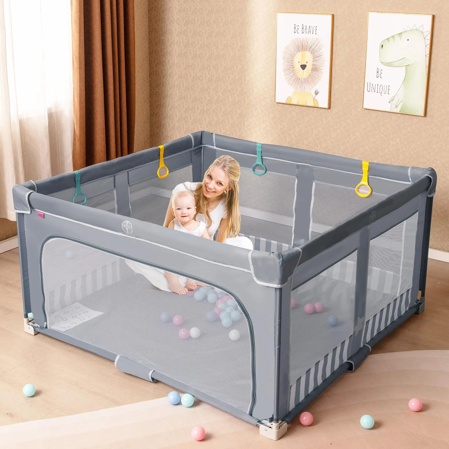 COSTWAY Parc Bébé Pliable 150x150x76,5 cm avec 50 Balles Océaniques, Filet Respirant, Portail Zippé, Gris