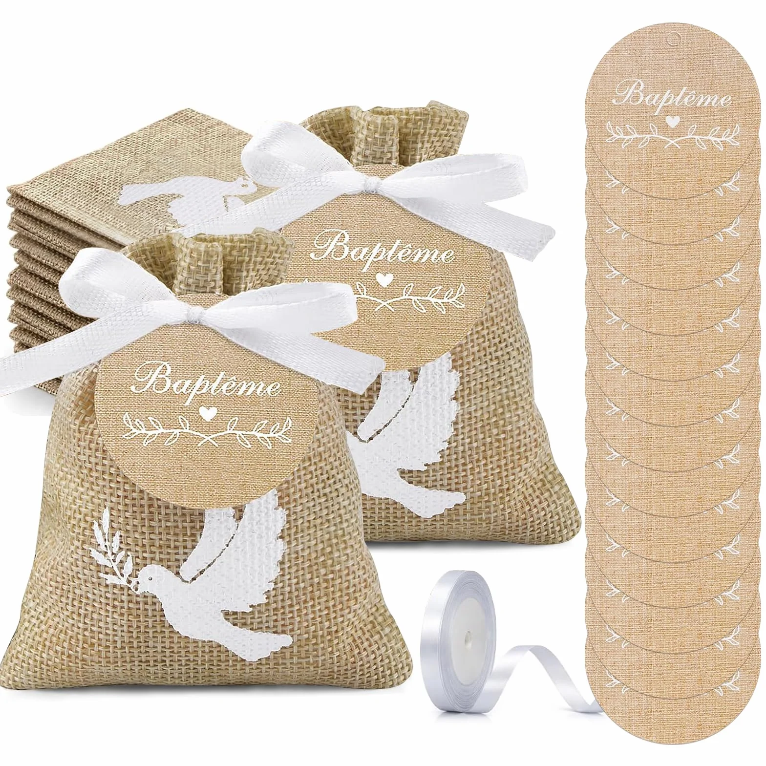 FINEVERNEK 20PCS Sachets Dragées Baptême avec Étiquettes et Ruban Blanc Pochette Dragée Motif Colombe