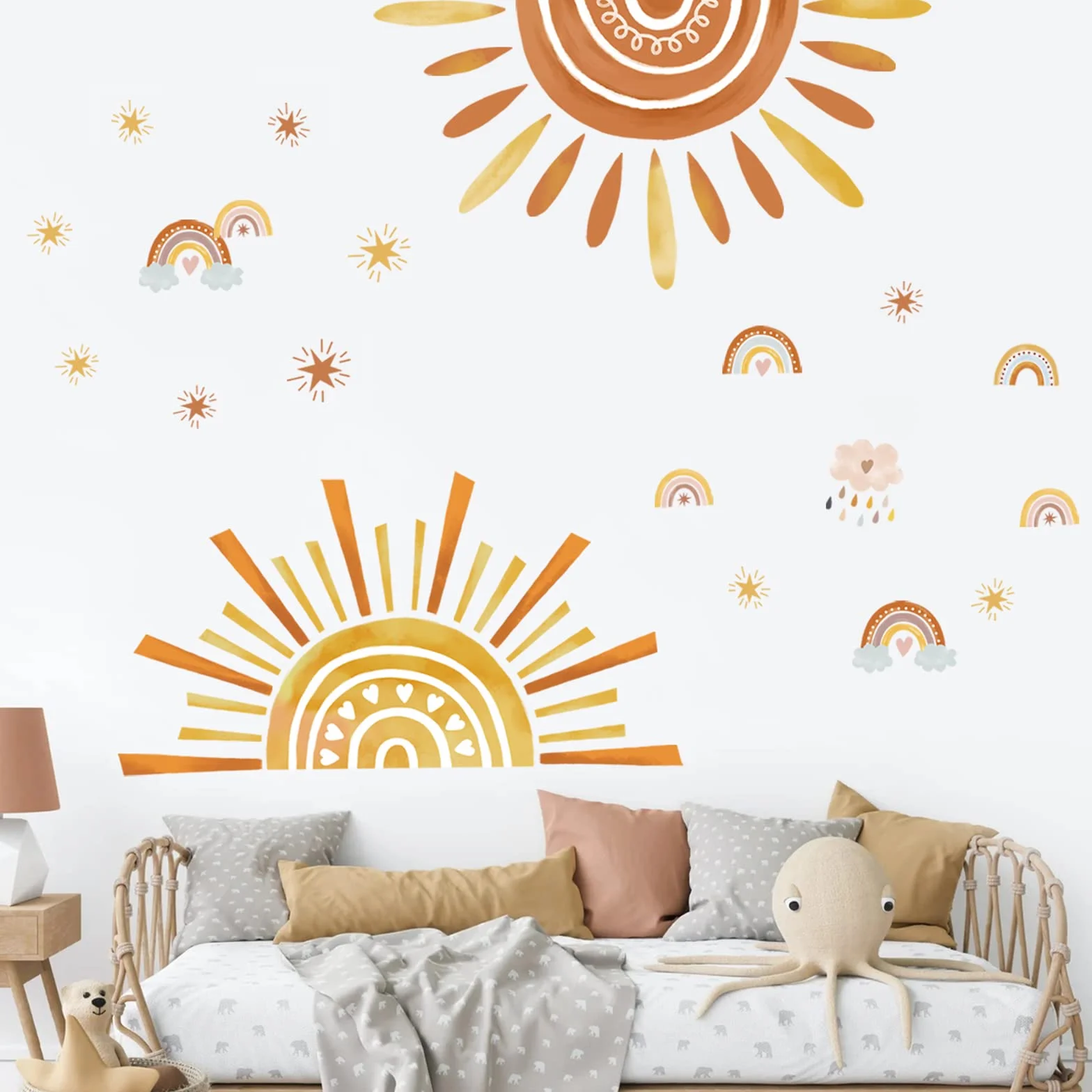 Autocollants Muraux Enfants Arc en Ciel Soleil Étoile Boho pour Chambre Bébé