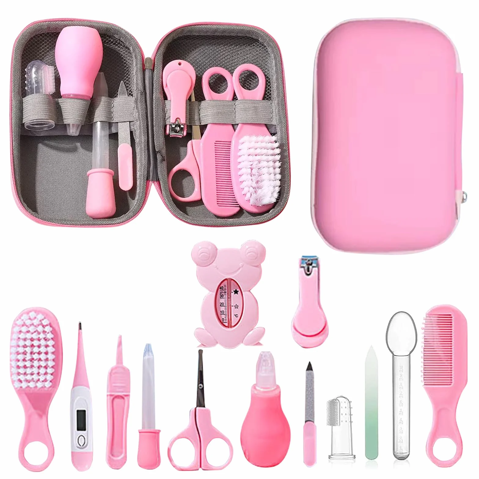 Kit Trousse de Toilette Bébé 13 Accessoires Soin Bébé Brosse à Cheveux Thermomètre Digital Bain Coupe-Ongles Lime Nouveau-Né Rose
