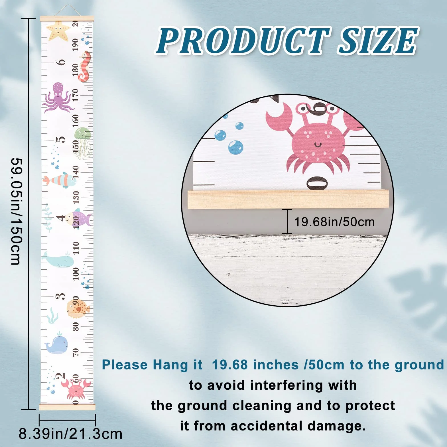 CREATCABIN Tableau Croissance Animaux Mer Tissu Toile Hauteur Mesure Règle Cadre Bois Suspendu Amovible Dessin Animé Règle Murale Décoration Chambre Enfant