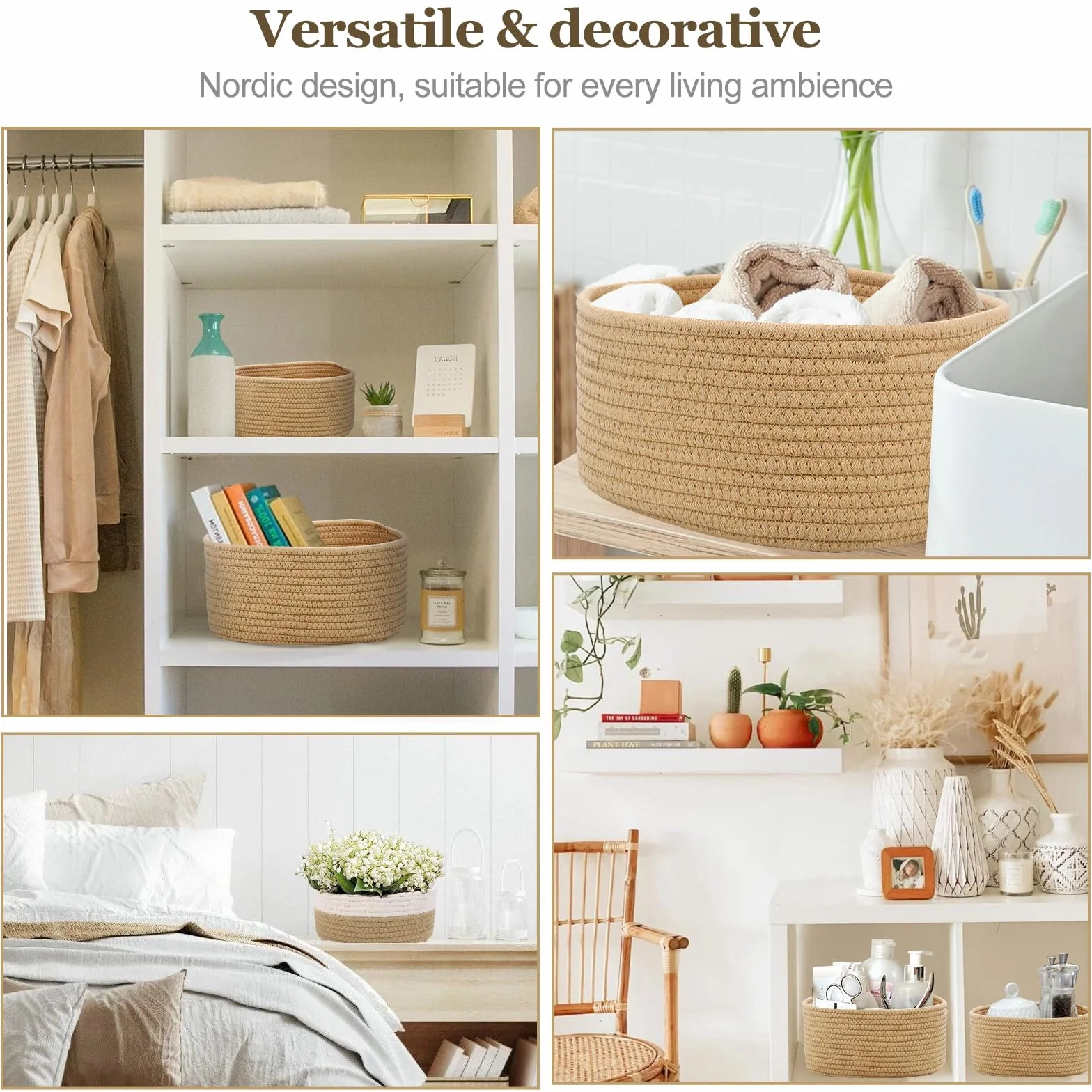 Panier Rangement Lot de 5 Jute pour Salle de Bain Cuisine Organisateur Empilable