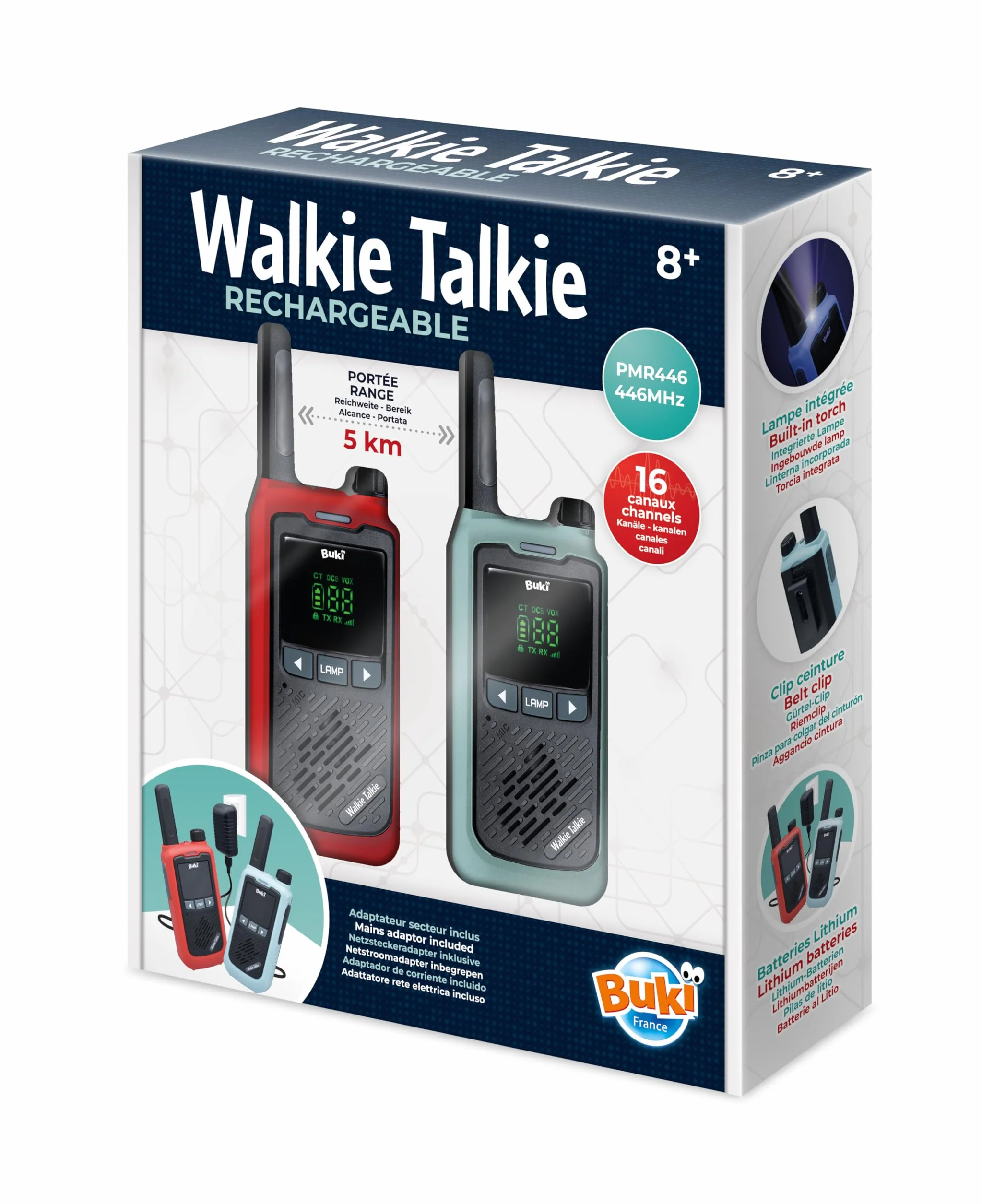 BUKI France Talkie-Walkie Rechargeable Longue Portée 5 km Lot de 2 16 Canaux Batteries Lithium