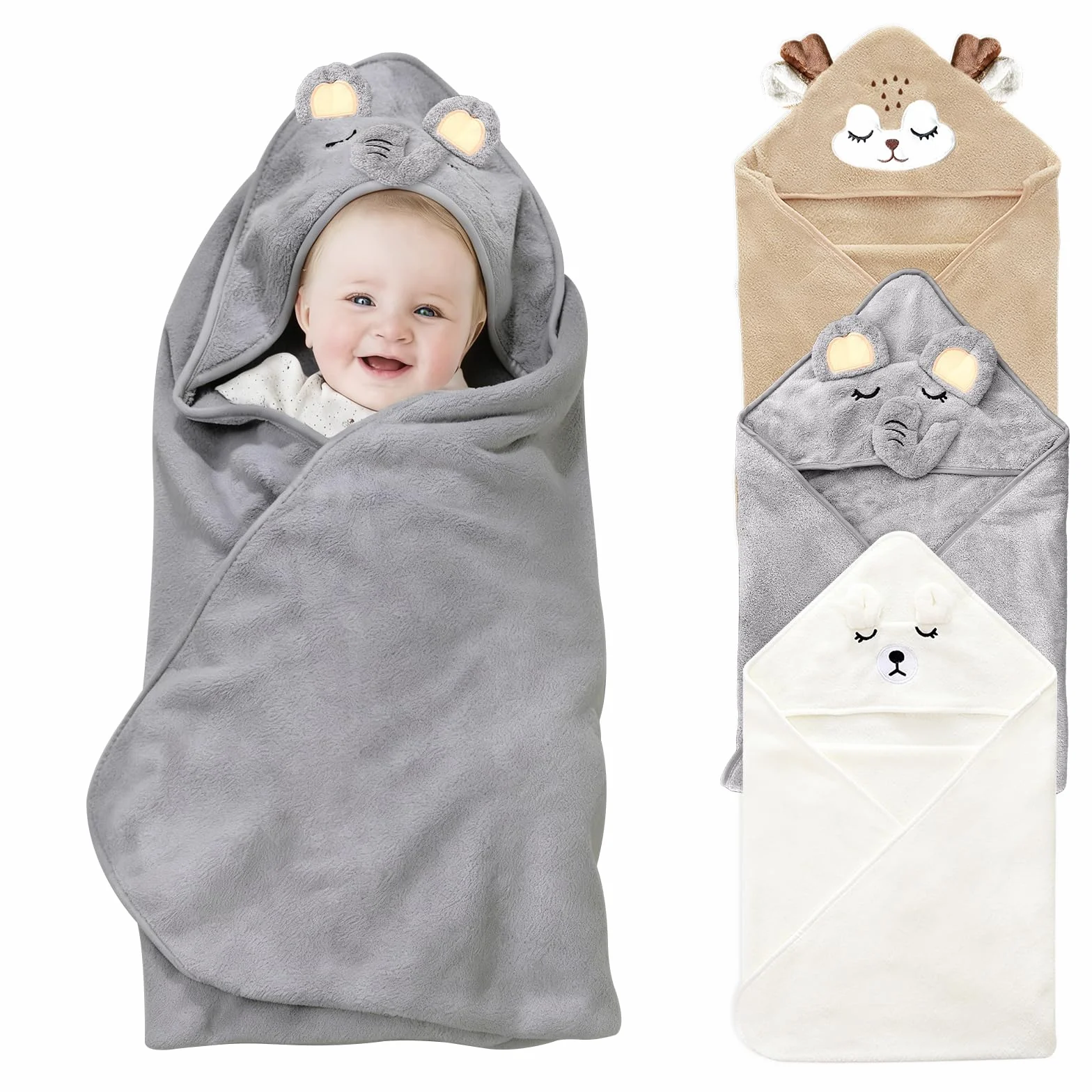 Serviette de Bain à Capuche Bébé Polaire Corail 80x80 cm Lot de 3 Éléphant Gris