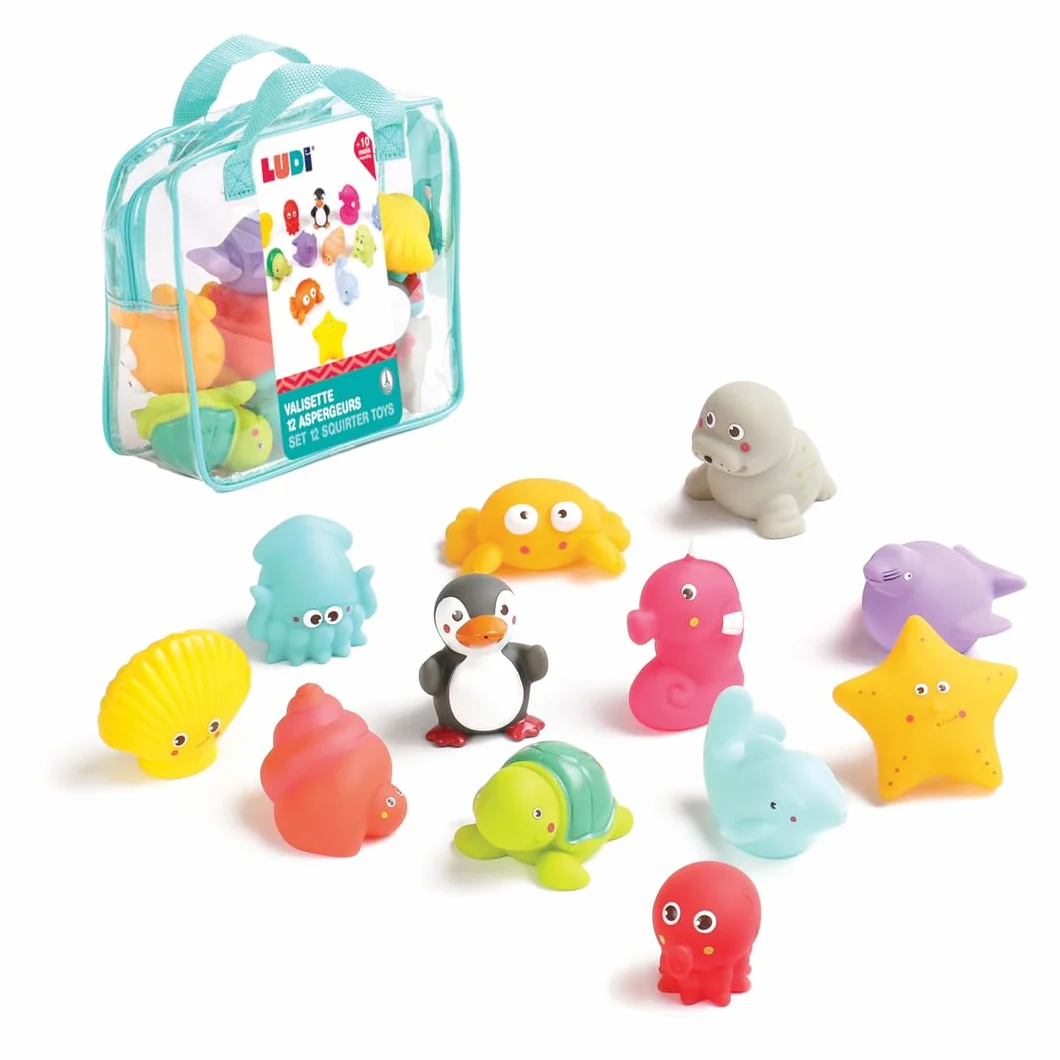 LUDI 12 Animaux Marins en Plastique Jouet Bain Aspergeurs Sac Rangement Inclus Dès 6 Mois