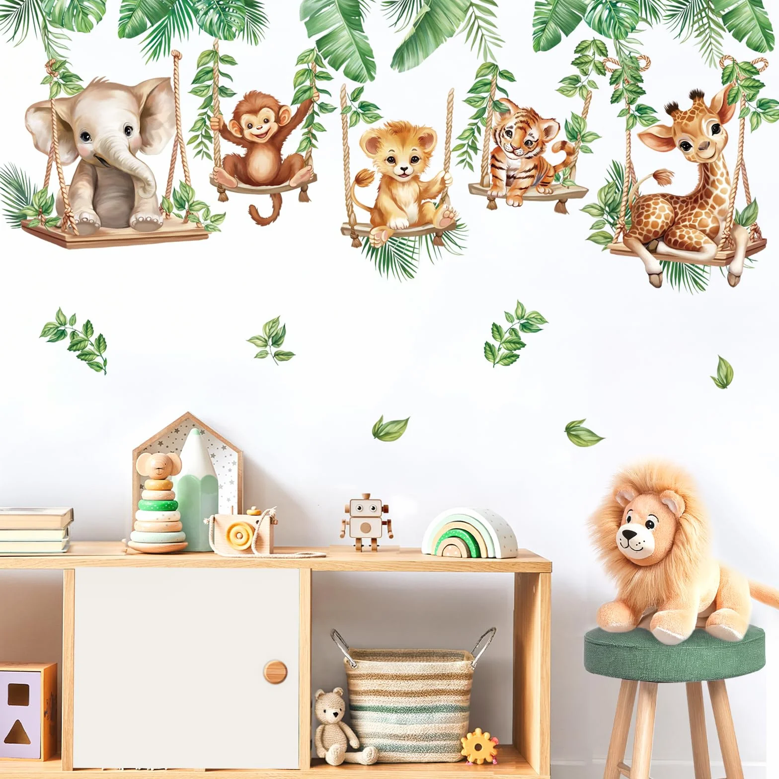 wondever Autocollants Muraux Animaux Jungle Tropical Éléphant Singe Lion pour Chambre Enfants