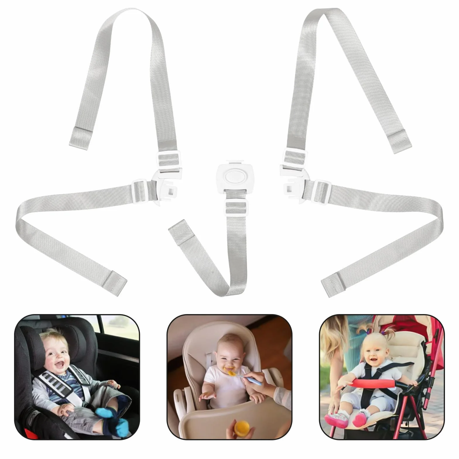 Harnais de Sécurité 5 Points Blanc pour Chaise Haute et Poussette, Sangles Réglables, Accessoire Bébé