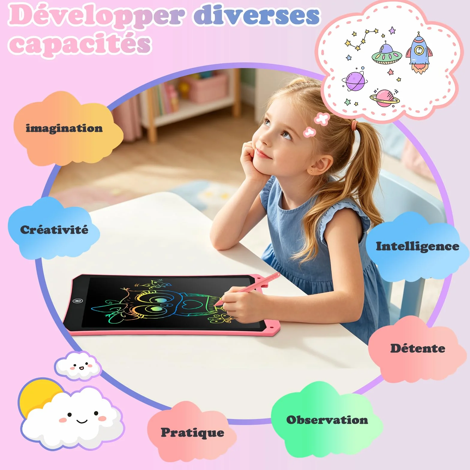 BlueSwan Tablette Dessin Enfant 10 Pouces, Ardoise Magique avec Verrouillage, Cadeau Garçons Filles Rose