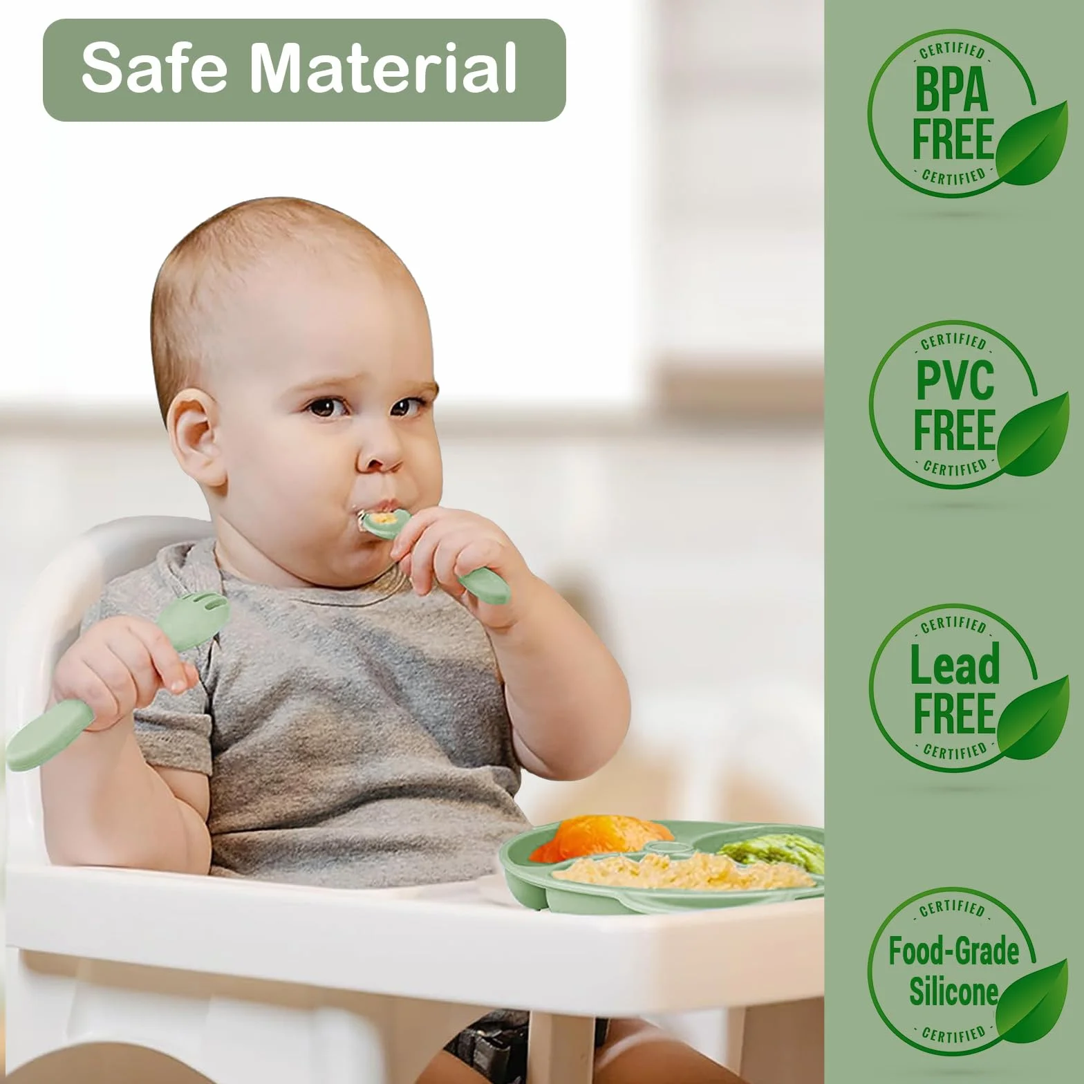 Coffret Repas Bébé 11 pièces Silicone Antidérapant avec Ventouse Assiette Bol Fourche Cuillère Bavoir Tasse Sans BPA Vert foncé