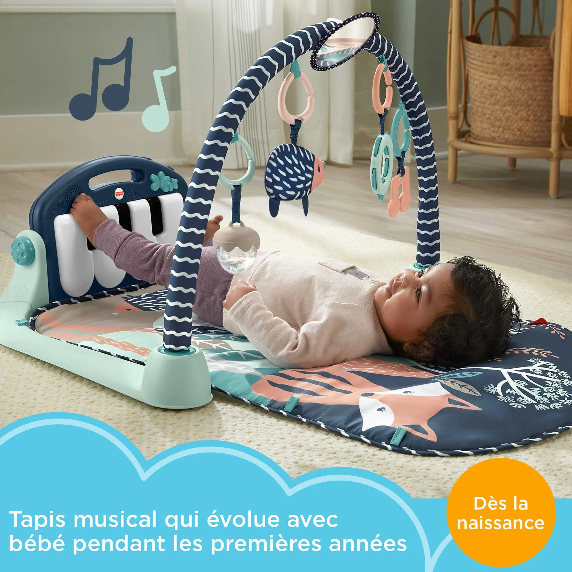 Fisher-Price Tapis d’éveil Piano, Jouet Musical Suspendu, Jeu à Plat Ventre, Animaux de la forêt, Dès la Naissance, HKX37