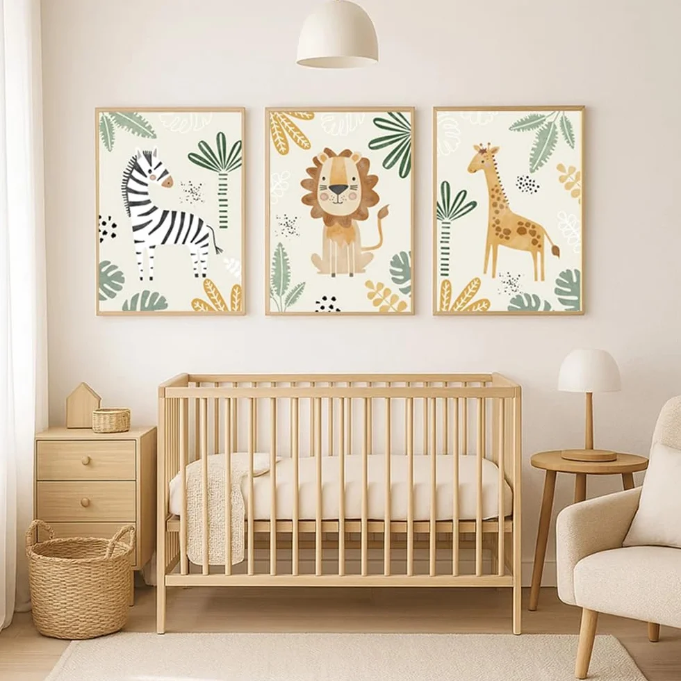 Affiches Animaux Jungle Lion Girafe Zebre Tableau Savane Deco Chambre Bebe Garcon Vert Beige Poster 30x40 sans Cadre