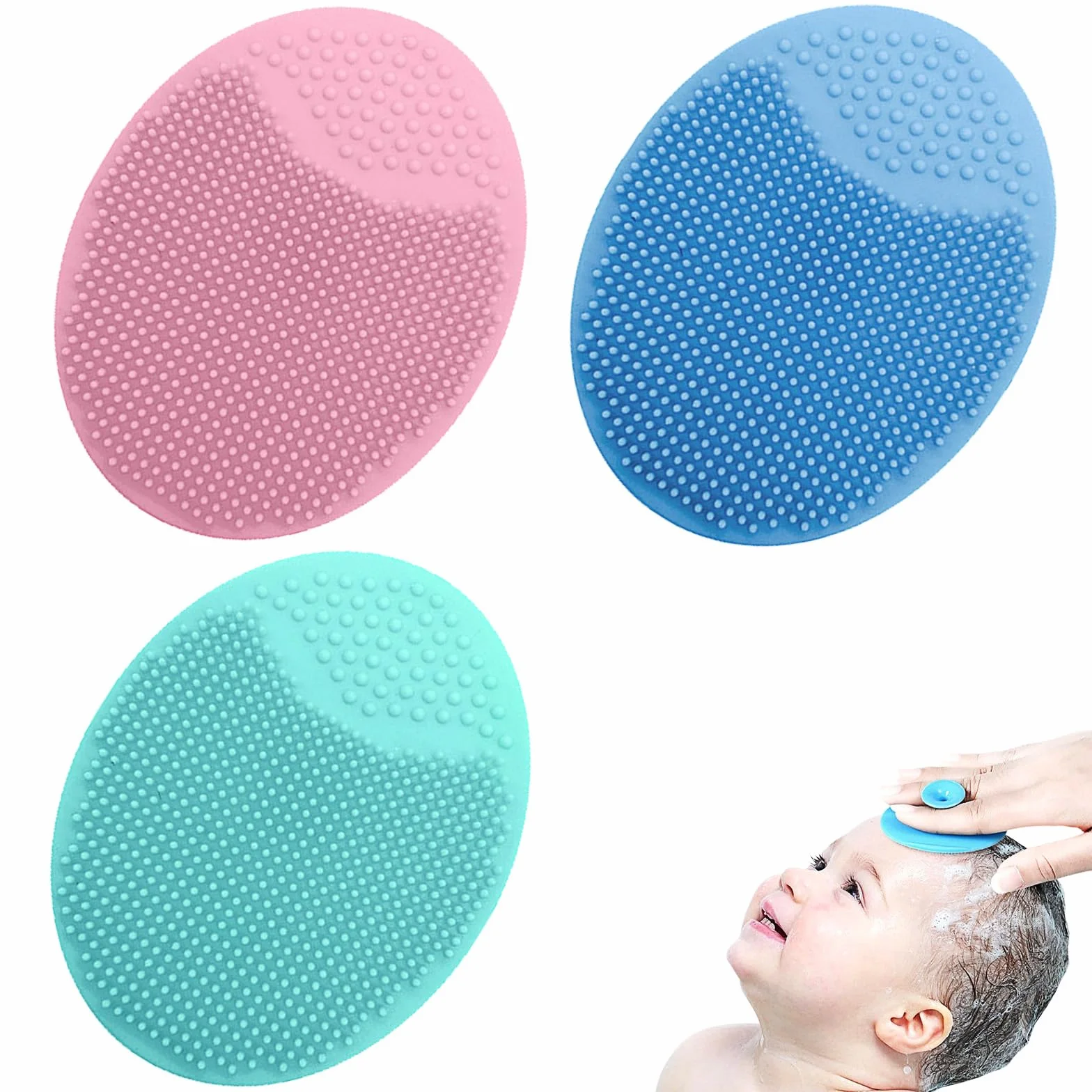 Brosse de bain bébé silicone set 3 brosses massage exfoliante peau sèche croûtes langes eczéma bleu vert rose