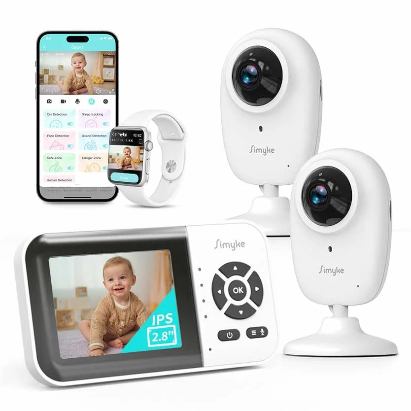 Simyke Moniteur de bébé intelligent avec caméra et audio double mode, WiFi, écran 2,8", vision nocturne, détection de température, conversation bidirectionnelle