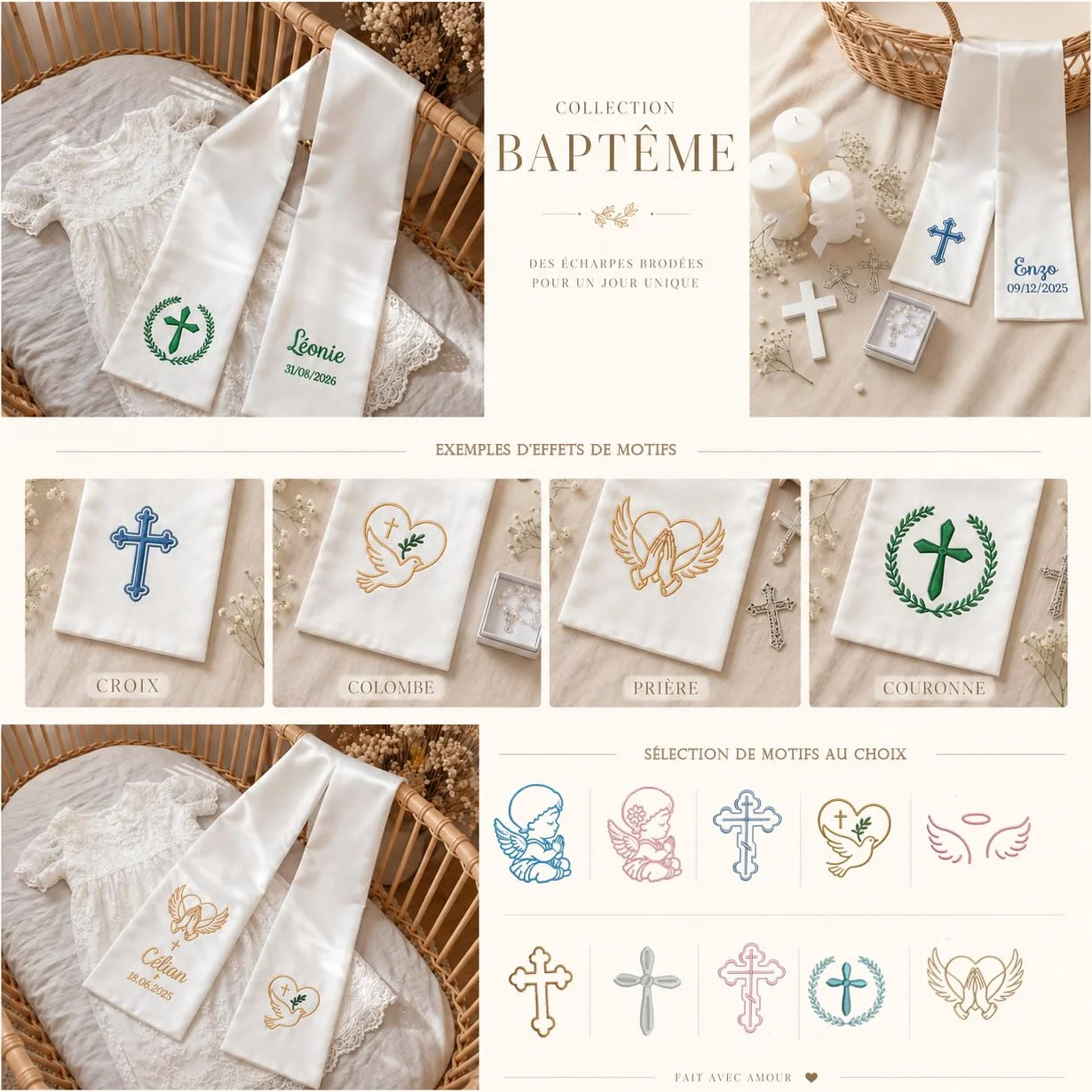 Écharpe de Baptême Personnalisée Enfant, Brodée Prénom et Date, Satin Blanc Ange ou Croix, Cadeau avec Coffret