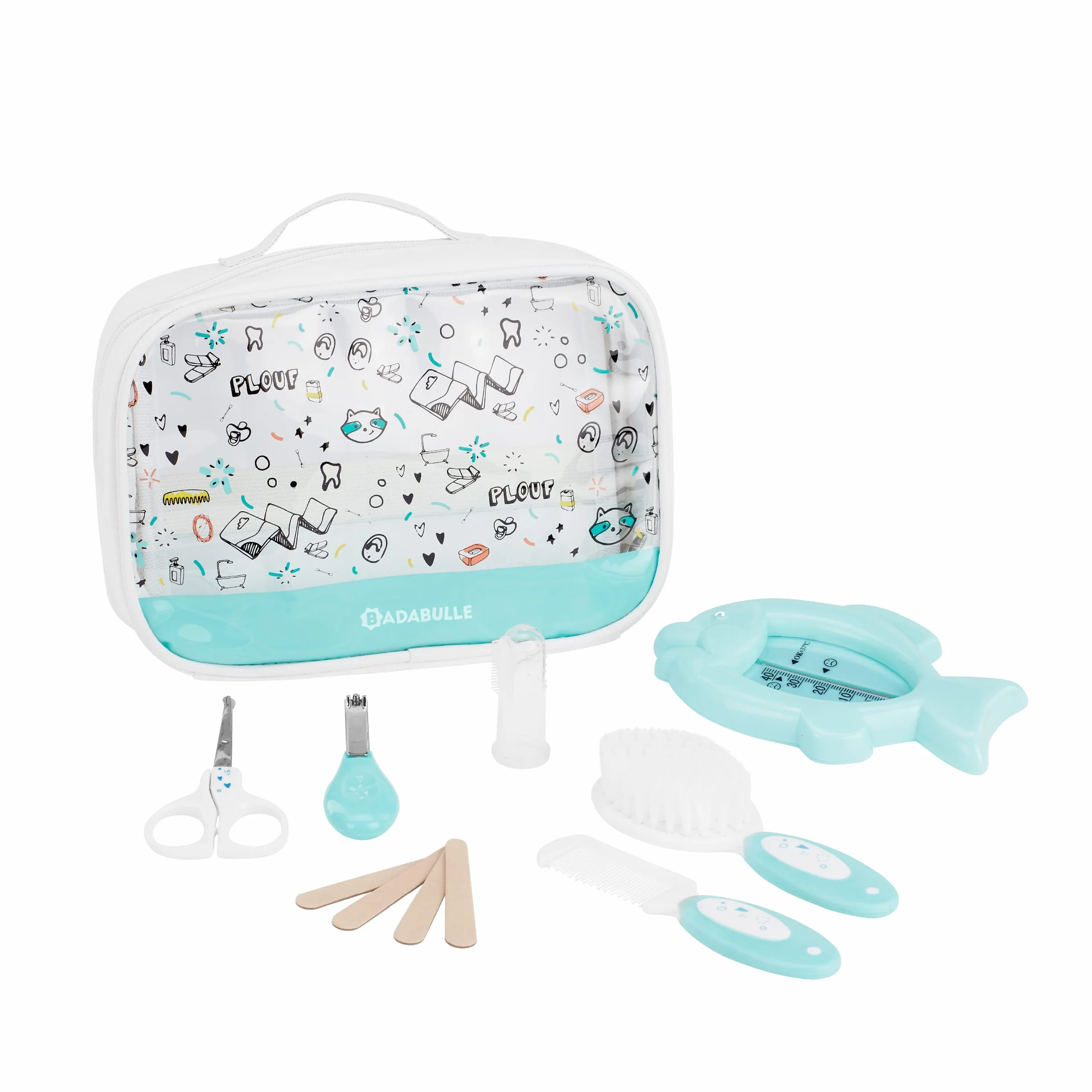 Badabulle Trousse de Soin Bébé Plouf Kit Complet 7 Accessoires Brosse Thermomètre Bain Ciseaux Arrondis