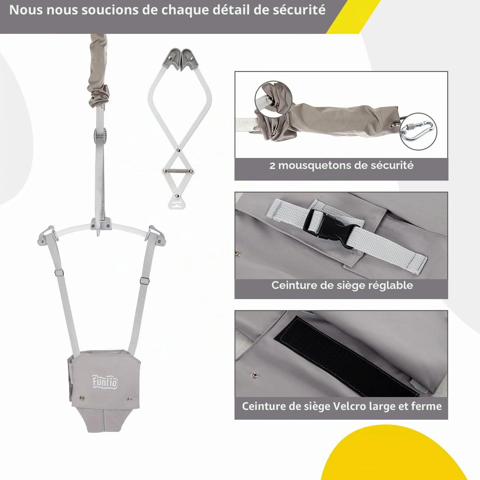 FUNLIO Transat de porte bébé 6-24 mois avec pince, ressort solide, sangle réglable, 18 kg, CE CPC - Gris