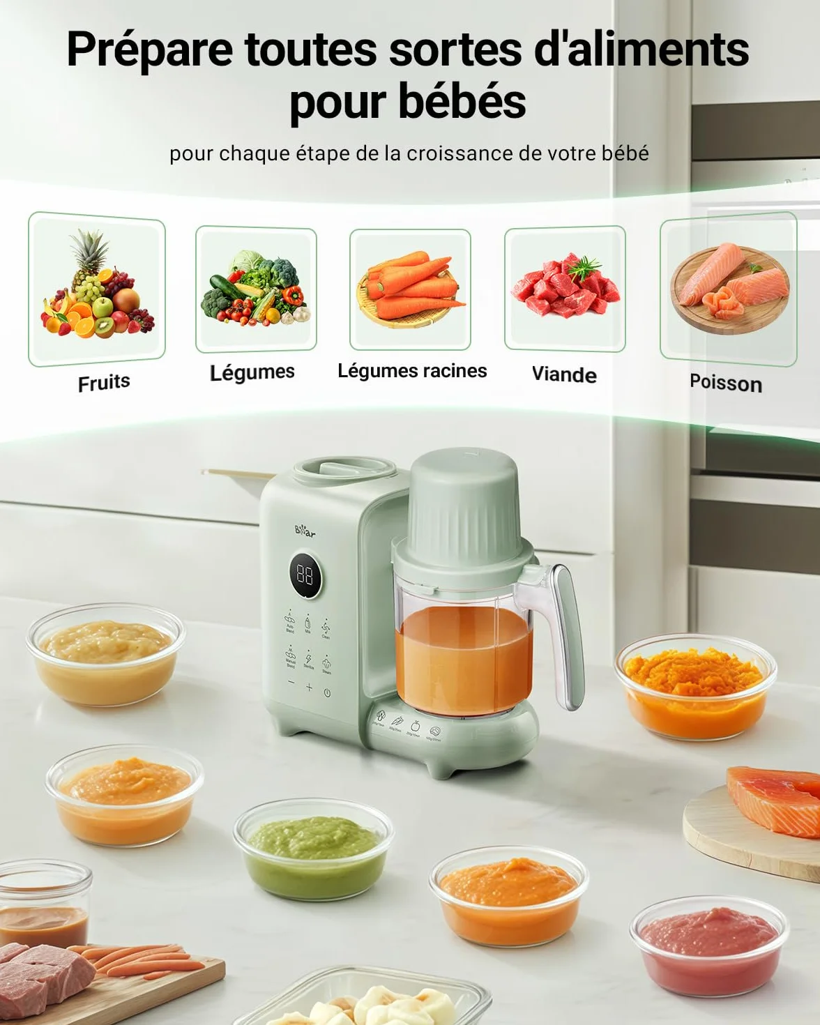 Robot Cuiseur Mixeur Bébé 500ml Panier Vapeur Multifonctions Automatique Sans BPA