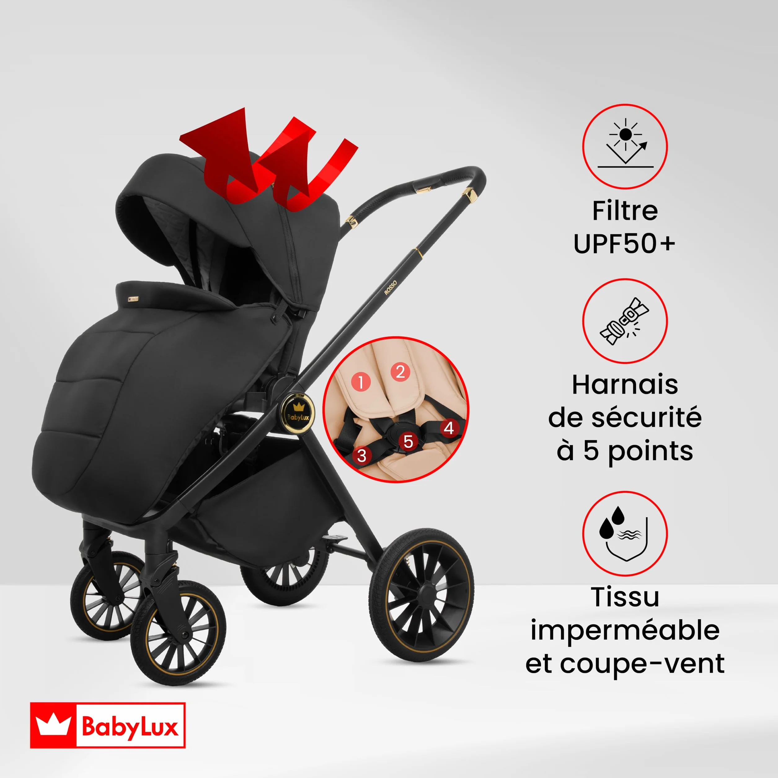 BabyLux Poussette 3en1 Set Rosse, Pliable Léger Poussettes Combinées Baignoire Bébé, Buggy Siège Sport, Coque Bébé I-Size, 4 Positions Couchage, 0-22kg