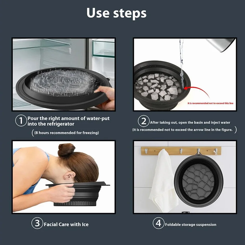 Bol pour le visage en silicone pliable avec bac à glaçons intégré, lavabo à glace portable