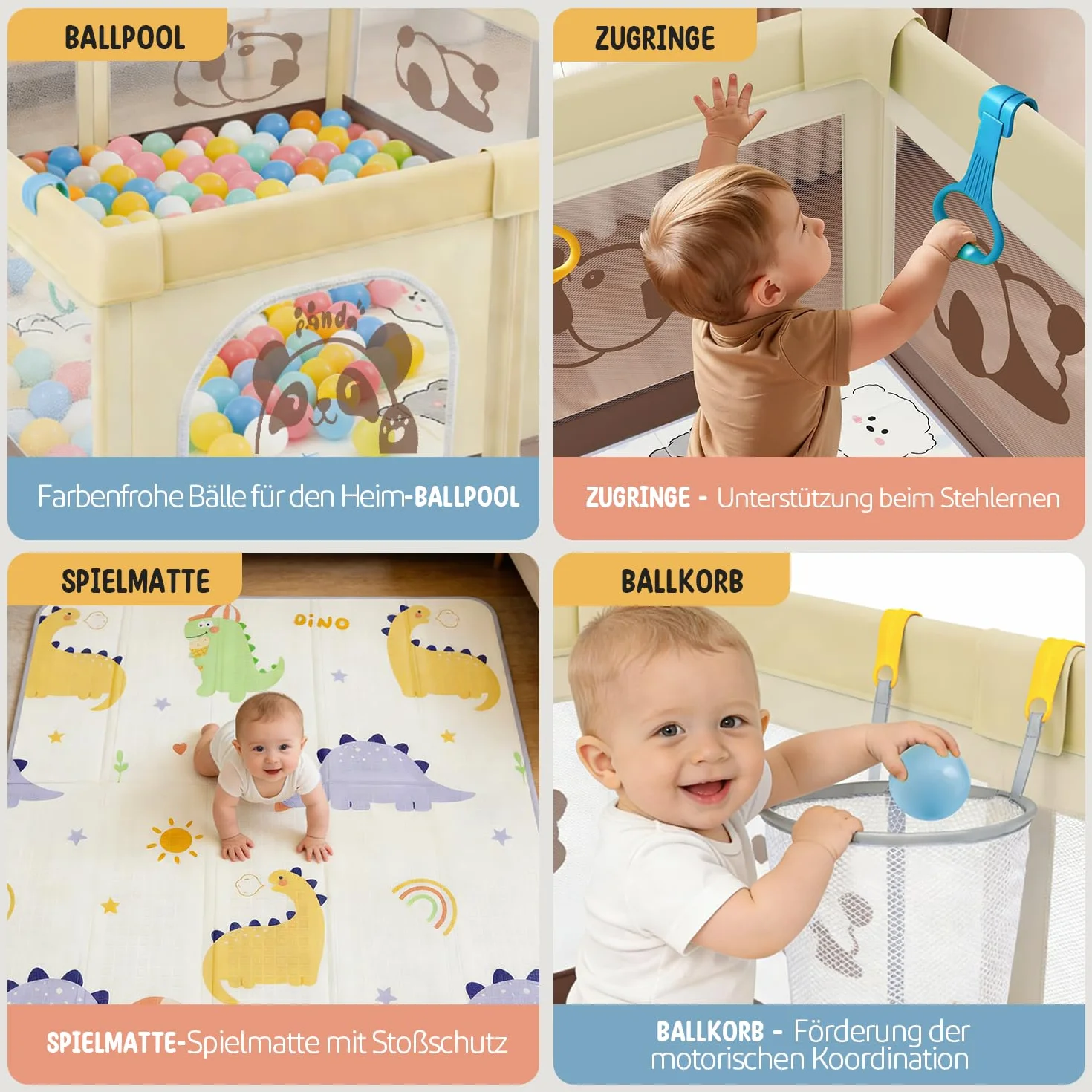 Parc Bébé 120x120 avec Tapis, 40 KG, 300D Tissu Oxford, Ventouse Base, 360° Filet Respirant, Centre d'Activités Enfants, Panda beige