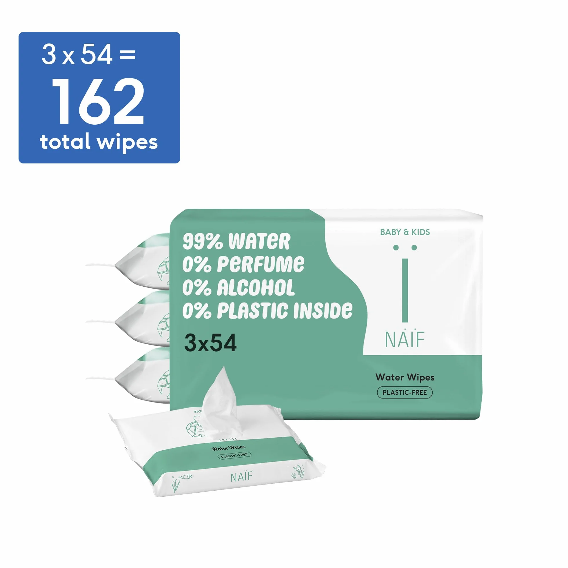 Naïf Lingettes humides sans plastique 162 lingettes 99% d'eau 0% parfum bébé