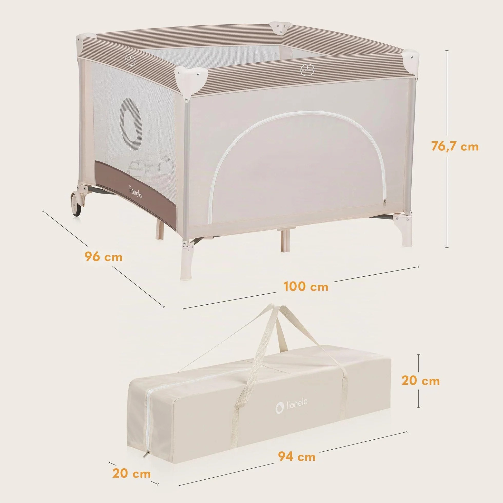 LIONELO BONNIE Parc Bébé 15 kg Naissance 36 mois Accès Latéral Zippé Filets Latéraux Aérés Pliage Rapide Roues Freinées Sac Transport Beige