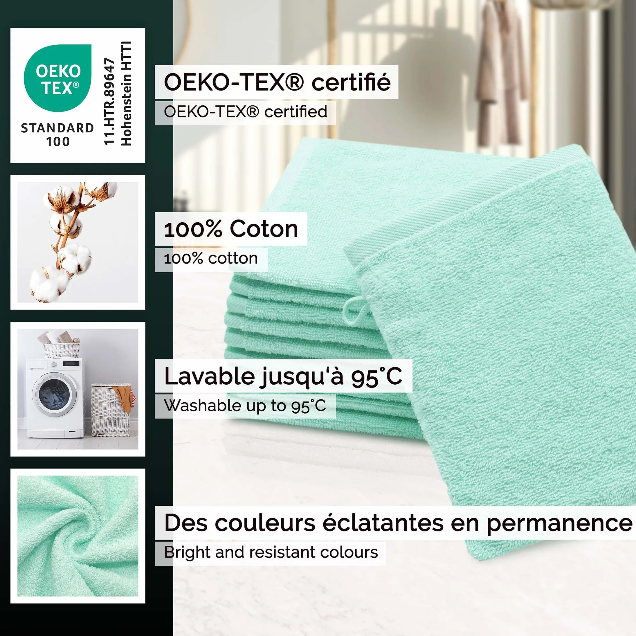 ZOLLNER Lot de 10 Gants de Toilette en Coton Doux et Absorbants 16x21 cm Menthe