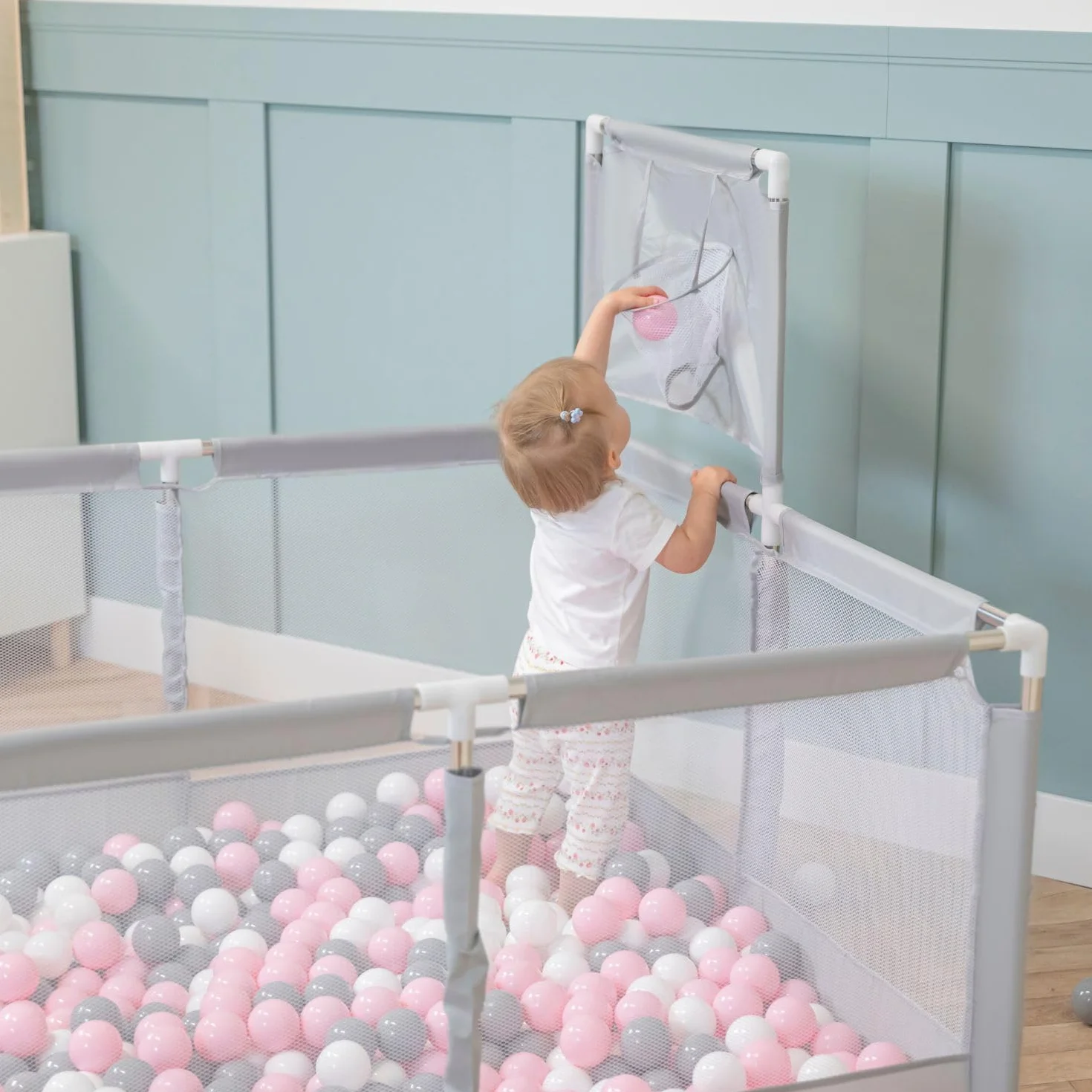 Selonis Parc Bébé Pliable avec 100 Balles Plastiques Aire de Jeu Basket, Bleu