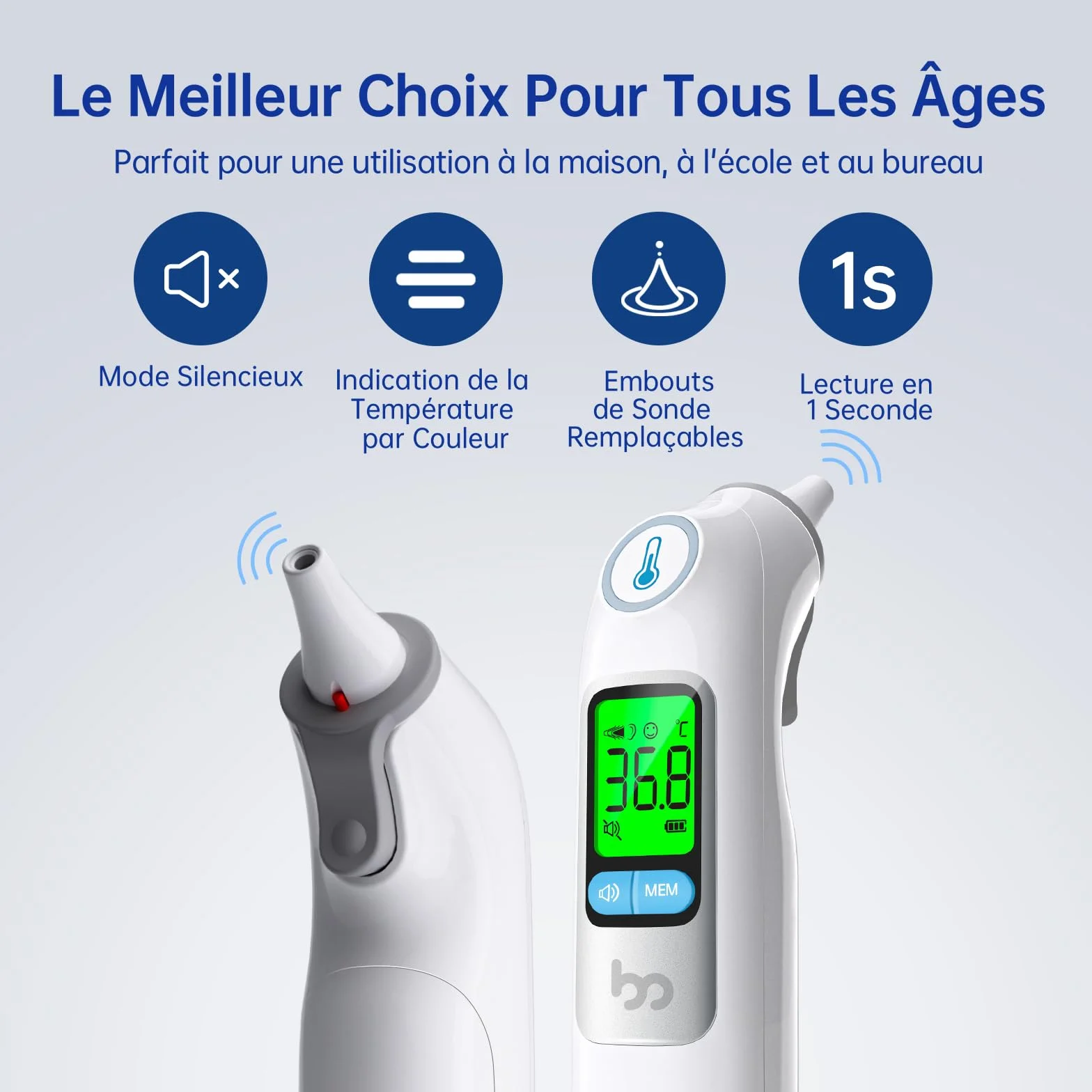 Thermomètre Auriculaire Professionnel avec Code d'Alerte Fièvre 3 Couleurs, Mode Silencieux, 24 Couvre-Sondes Jetables